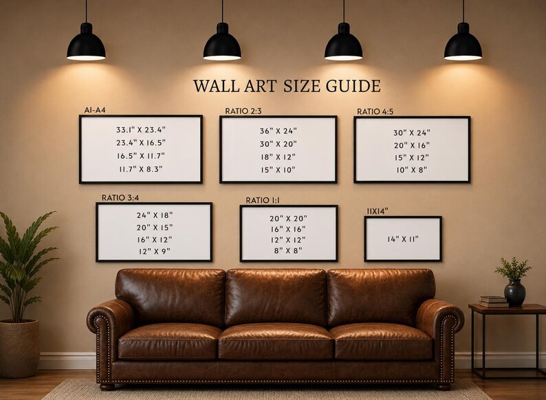 Op de afbeelding: Een maattabel voor wanddecoratie met zwarte tekst op een witte achtergrond, ingedeeld in verhoudingen zoals A1-A4, 2:3, 4:5, 3:4, 1:1 en 11x14. De tabel bevat diverse afmetingen in inches, zoals 36" x 24", 30" x 20", 20" x 20" en 14" x 11".