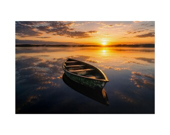 May include: A weathered green wooden rowboat floats on a calm, dark lake during a vibrant sunset. The orange and yellow sky reflects clearly on the water's surface, while the sun sits low on the horizon above a distant, dark treeline.