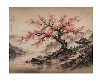 May include: A landscape painting featuring a large tree with pink blossoms on a riverbank, a traditional pavilion with a tiled roof, stone steps, and distant mountains. The artwork includes vertical Chinese calligraphy text in the upper left corner.