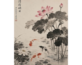 May include: A traditional ink wash painting on paper depicting a pond scene with three koi fish swimming among lotus flowers and large dark green leaves. The artwork features pink lotus blossoms, a seed pod, and Chinese calligraphy text in black.