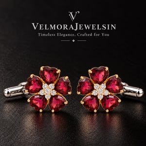 Gemelli da uomo in rubino naturale, in argento sterling 925 placcato oro, con pietra preziosa rossa a forma di fiore, regalo di nozze per lo sposo.