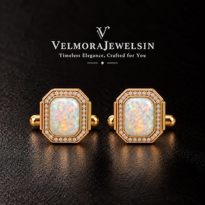 Natural Opal Cufflinks, 925 Sterling Silver Gold Plated Cufflinks, Luxury Octagon Wedding Groom Gift for Men