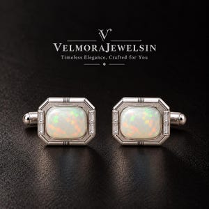 Luxury Opal Cufflinks for Men, Geometric Silver Tone Cufflinks, Modern Wedding Groom Gift, Elegant Formal Shirt Accessories