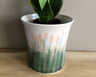 vintage pottery planter / pink and green
