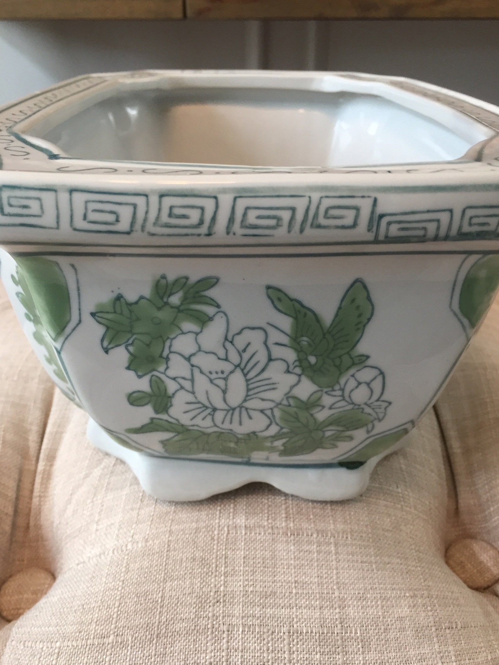 Large Porcelain Green & White Planter or Bowl Chinoiserie Etsy