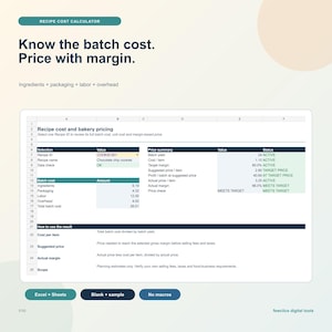 Puede incluir: Una plantilla de hoja de cálculo digital para calcular el costo de recetas, con secciones para costo por lote, resumen de precios y precios de panadería. La interfaz muestra campos de datos para ingredientes, empaque, mano de obra y gastos generales.