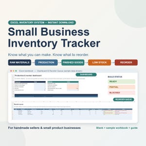May include: An Excel inventory tracker for small businesses featuring a dashboard and reorder queue. The interface displays production status, raw materials, finished goods, and reorder alerts. Text includes "Small Business Inventory Tracker" and "Build Status".