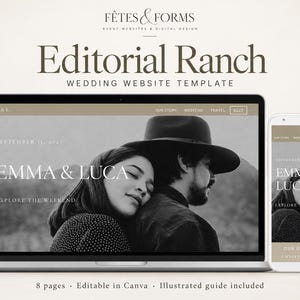 May include: A digital wedding website template titled Editorial Ranch displayed on a laptop and smartphone screen. The design features a black and white photograph of a couple, with the text Emma & Luca, September 11, 2027, and Explore the Weekend.