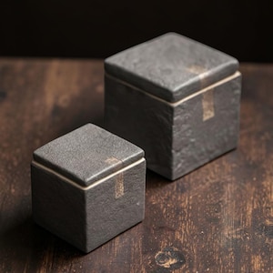 May include: Two square, dark gray stone containers with lids. Each box features a textured, rough surface and a single vertical gold-colored metallic strip running down the side and across the top edge of the lid, creating a distinct accent.