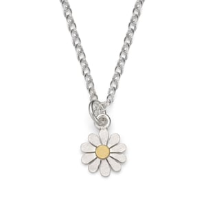 A silver chain necklace with a small silver daisy charm. The daisy has a gold center.