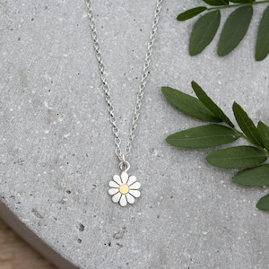 May include: A silver chain necklace with a small silver daisy charm with a gold center.