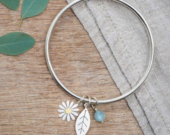 Silver Aster flower charm bangle, silver leaf charm bangle