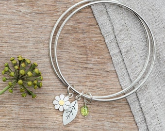 Silver daisy charm bangle, flower charm bangle, floral stacking bangle