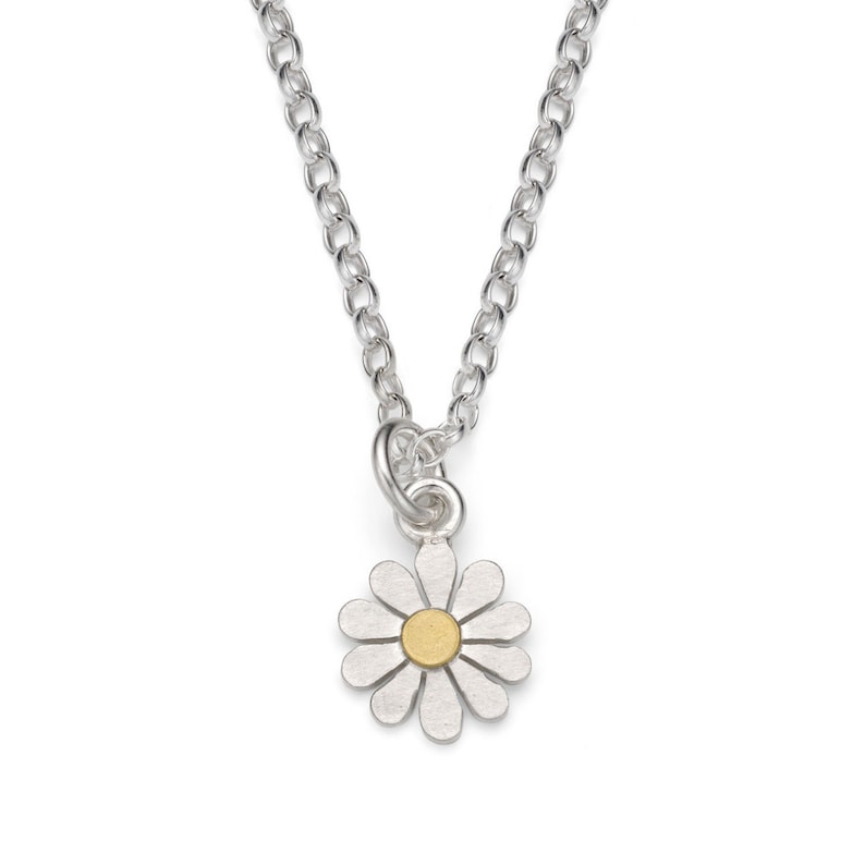 A silver chain necklace with a small silver daisy charm. The daisy has a gold center.