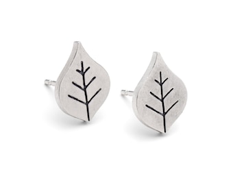 Beech leaf silver earrings, leaf stud earrings, dainty leaf studs
