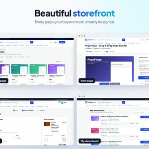 Może przedstawiać: Cyfrowy interfejs prezentujący cztery r&oacute;żne strony internetowe oznaczone jako Beautiful storefront, Category page, Item page, Checkout oraz My downloads. Układ zawiera paski nawigacyjne, pola wyszukiwania, listy produkt&oacute;w, ceny oraz szczeg&oacute;ły konta użytkownika dla platformy e-commerce.