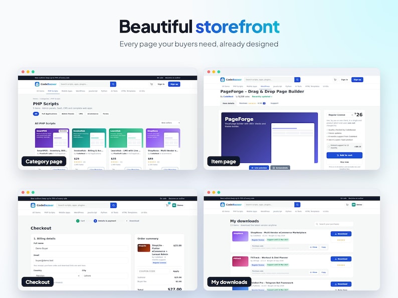 Może przedstawiać: Cyfrowy interfejs prezentujący cztery r&oacute;żne strony internetowe oznaczone jako Beautiful storefront, Category page, Item page, Checkout oraz My downloads. Układ zawiera paski nawigacyjne, pola wyszukiwania, listy produkt&oacute;w, ceny oraz szczeg&oacute;ły konta użytkownika dla platformy e-commerce.