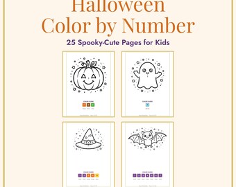Halloween Color by Number for Kids, 25 Printable Coloring Pages with Color Guide, Instant Download PDF