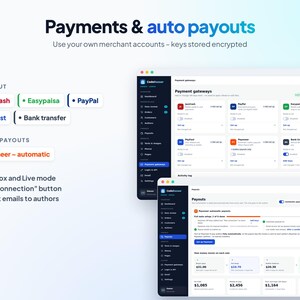 Może przedstawiać: Cyfrowy interfejs przedstawiający ustawienia Payments & auto payouts. Ekran zawiera listy bramek płatności, takich jak JazzCash, Easypaisa i PayPal, oraz pulpit nawigacyjny wypłat dla autor&oacute;w z integracją Payoneer i wskaźnikami tryb&oacute;w Sandbox i Live.