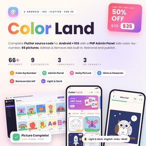 Color Land: Kids Color by Number Flutter App with PHP Admin Panel | Android + iOS | AdMob + IAP