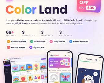 Color Land: aplikacja Flutter do kolorowania według numerów dla dzieci z panelem administracyjnym PHP | Android + iOS | AdMob + IAP
