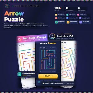May include: A digital product display for Arrow Puzzle, a mobile game featuring 1200 levels, 18 languages, and 3 ad formats. The interface shows gameplay screens with colorful arrows in mazes, a Level Complete notification, and technical details.
