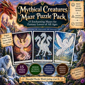 Può includere: Un pacchetto di labirinti Mythical Creatures con 15 labirinti e illustrazioni di fenice, idra e pegaso. Il design include un drago rosso, un unicorno bianco e uno yeti, con testo che descrive il contenuto e i livelli di difficoltà.