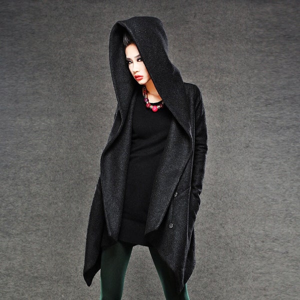 Black Winter Pea Coat - Wrap Around Short Hooded Womens Coat with Asymmetrical Hem C038