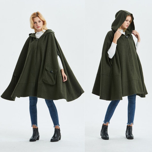 Green Winter Wool Cloak with Hood Women, Long Hooded Wool Cape Coat, Wool Poncho, Oversized Cape Coat, Plus Size Swing Cape Ylistyle C1331