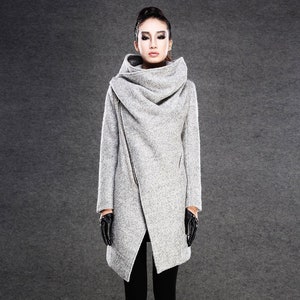 Asymmetrical Wool Coat, winter coat women, Gray Wool Boucle Coat with Front Zipper and Large Cowl Neck Collar, Autumn Winter Outerwear C134