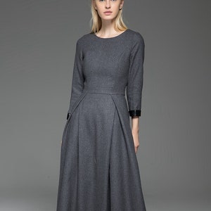 Wool Dress, Womens Long wool dress, Classic Long Fitted Tailored Warm Winter Dress with Long Sleeves Round Neck & Black Leather Cuffs C780 image 6