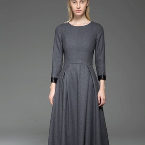 Wool Dress, Womens Long wool dress, Classic Long Fitted Tailored Warm Winter Dress with Long Sleeves Round Neck & Black Leather Cuffs C780 C1-Gray-C780