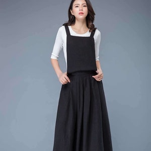 Linen pinafore dress, black Linen dress, Linen suspender dress with pockets, linen dress women, Linen overall dress, long linen dress C1053