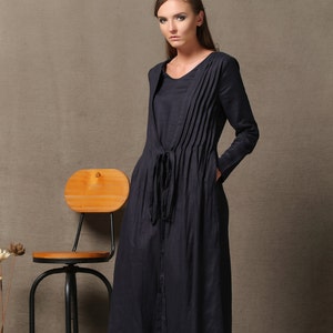 Black Linen dress, Handmade Unique Layered Pleated Cloak over Simple Dress, Plus size Autumn Women's Casual Maxi dress with pockets C557