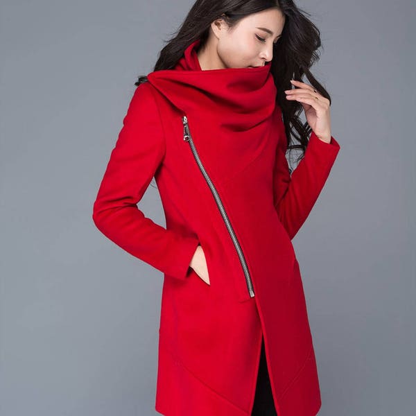 Roter Wollmantel, Asymmetrischer Wollmantel, Wolljacke mit Wasserfallausschnitt, Wintermantel, Fahrradjacke, Damen Wollmantel, Wolljacke mit Taschen C1025