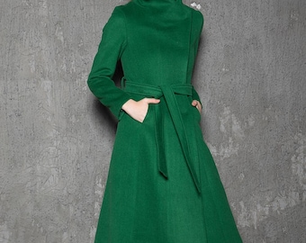 Hooded Wool Coat Women, Blue Wool Winter Coat, Asymmetric