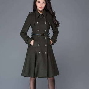 Wool coat women, Double breasted wool coat, winter coat women, Military Coat, Green wool coat with pockets, handmade wool coat C1028 image 2