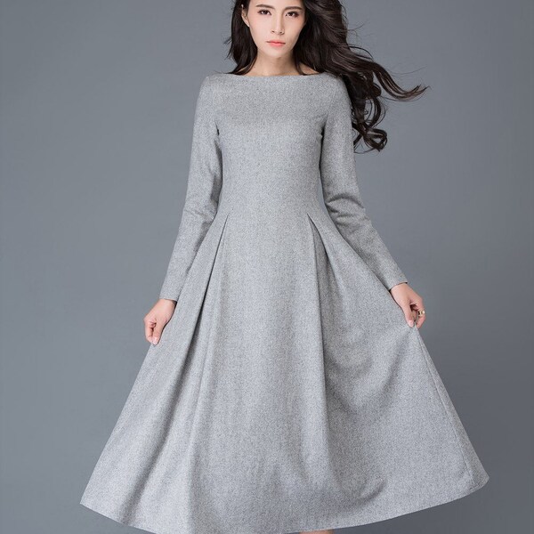 Wool dress, gray Midi wool dress, Long wool dress, Autumn winter wool dress, wool dress women, A Line custom wool dress, Ylistyle C1026