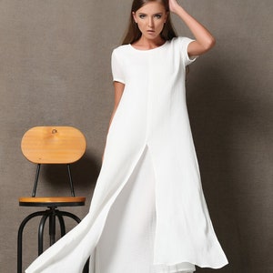 Short sleeve White maxi linen dress for women, summer cotton linen solid casual side slit ankle dress with pockets plus size C534 C1-White