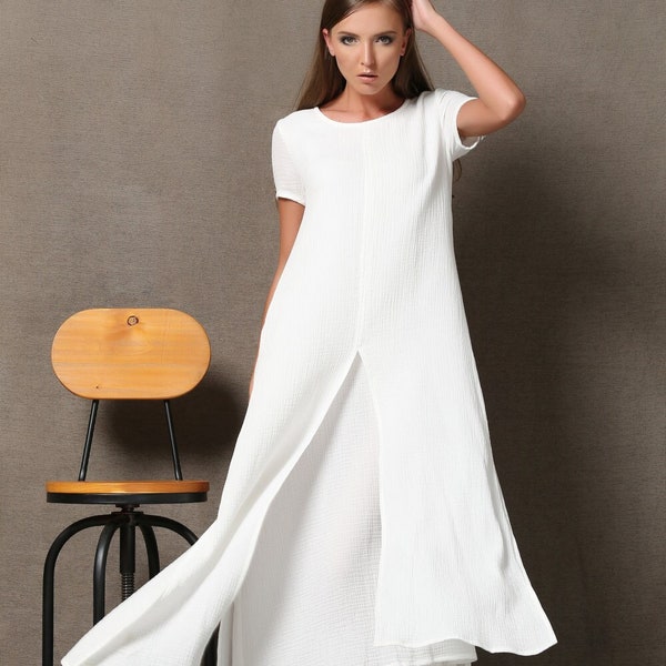 Maxi robe blanche en lin à manches courtes pour femme, robe d'été décontractée en coton et lin avec fentes latérales et poches, grande taille C534