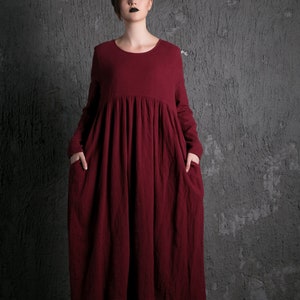 Plus Size Organic Linen Long Maternity Dress, Pleated Loose Dress with Pockets, Causal Maxi Dress Women, Long-Sleeved Dress Clothing C496 image 4