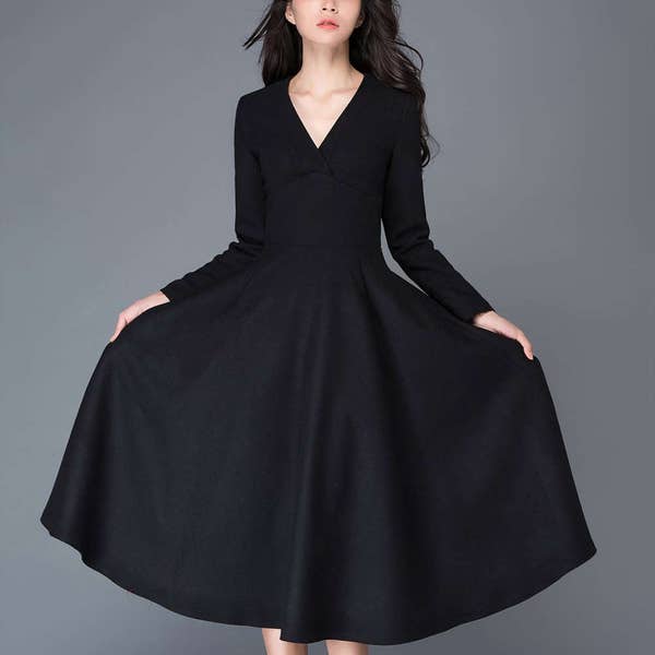 Wool dress, woman dress, winter dress, Vintage dress, womens dresses formal, midi dress, swing dress, Black Cocktail Dress, custom C1027