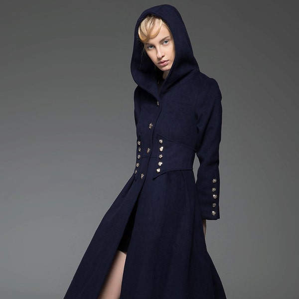 Marine militaire stijl jas - lange moderne donkerblauwe hooded winter wol designer jas met zakken en knop detail C739