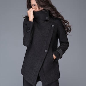 Asymmetrical Wool Coat in Black, Winter coat women, Wool coat, High collar wool coat, Plus size coat, Womens Autumn winter outfit C987