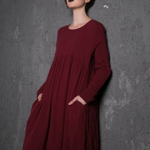 Plus Size Organic Linen Long Maternity Dress, Pleated Loose Dress with Pockets, Causal Maxi Dress Women, Long-Sleeved Dress Clothing C496 image 1