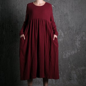 Lange zwangerschapsjurk van biologisch linnen, losse geplooide jurk met zakken, causale midi-jurk dames, jurk met lange mouwen, Ylistyle C496#