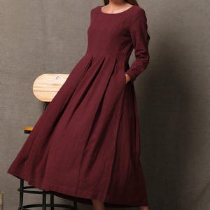 Burgundy Linen Dress - Semi-Fitted Long Maxi Plus Size Long-Sleeved Fall winter Woman&#39;s Dress with Round Scoop Neckline, Ylistyle C606