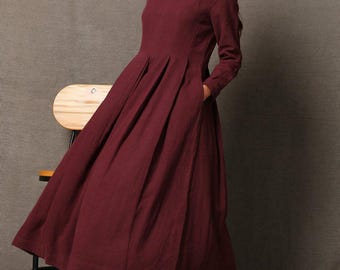 Burgundy Linen Dress - Semi-Fitted Long Maxi Plus Size Long-Sleeved Fall winter Woman's Dress with Round Scoop Neckline, Ylistyle C606