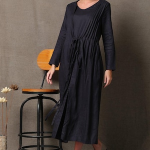 Handmade Black Linen Maxi Dress, Plus Size Pleated Cloak, Pockets