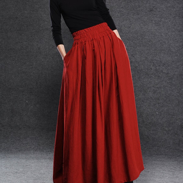 Red linen skirt, maxi skirt with pockets, high waisted skirt with wide waist band, full skirt, spring skirt, ladies skirt C054